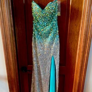 Silver and teal Sparkly Strapless Open Back Prom Dress